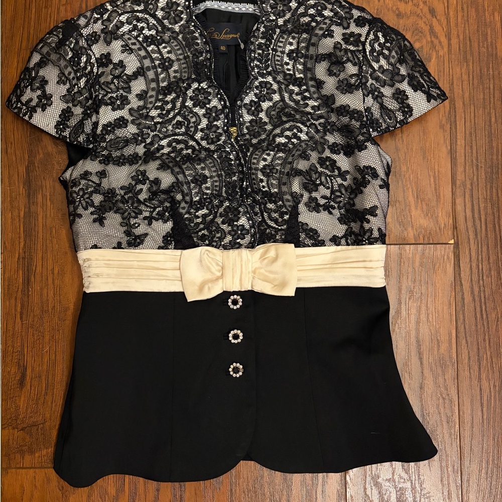 Luisa Spagnoli brand Black and Cream Lace Blouse with Bow